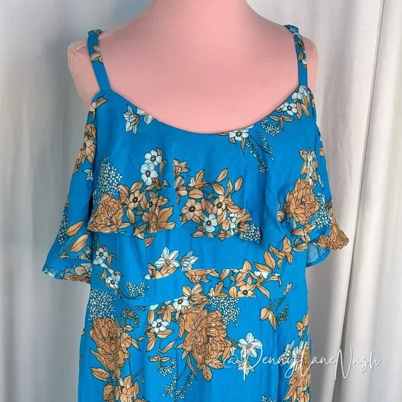 Torrid Plus Mini Gauze Cold Shoulder Skater Dress Blue Floral - Picture 5 of 11